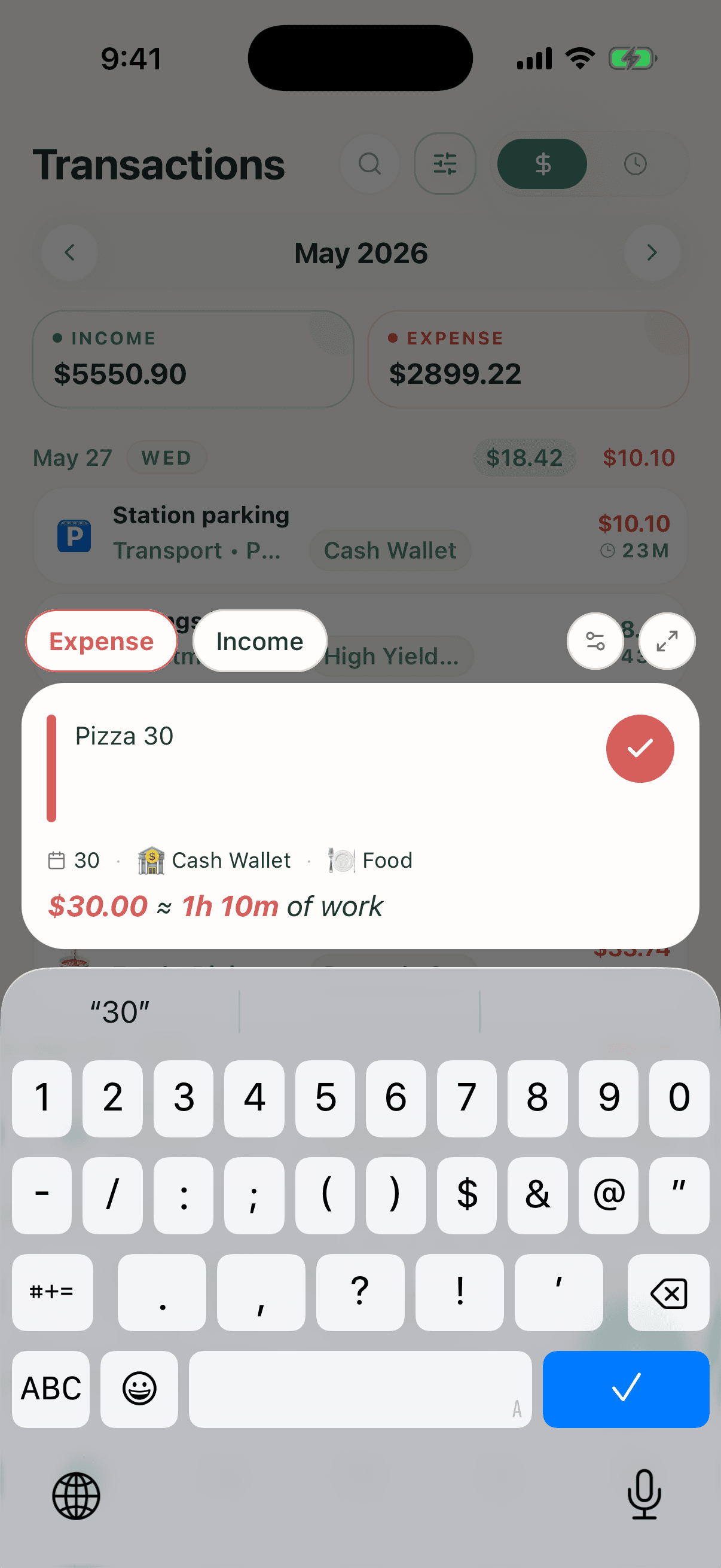 Money2Time-Screenshot mit schneller Ausgabenerfassung, Bildschirmtastatur und Spracheingabe
