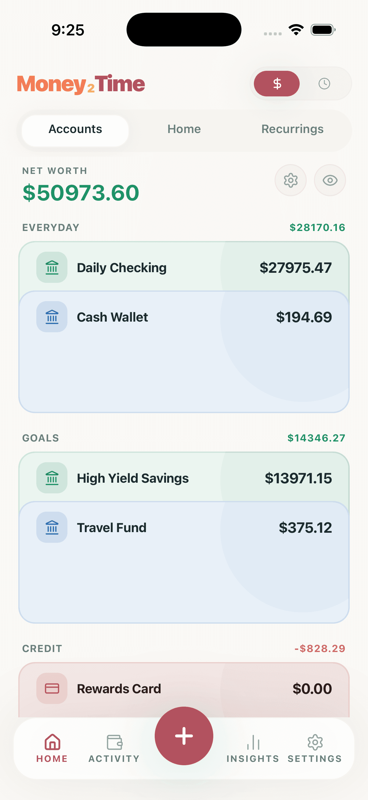 Money2Time screenshot showing account balances and totals