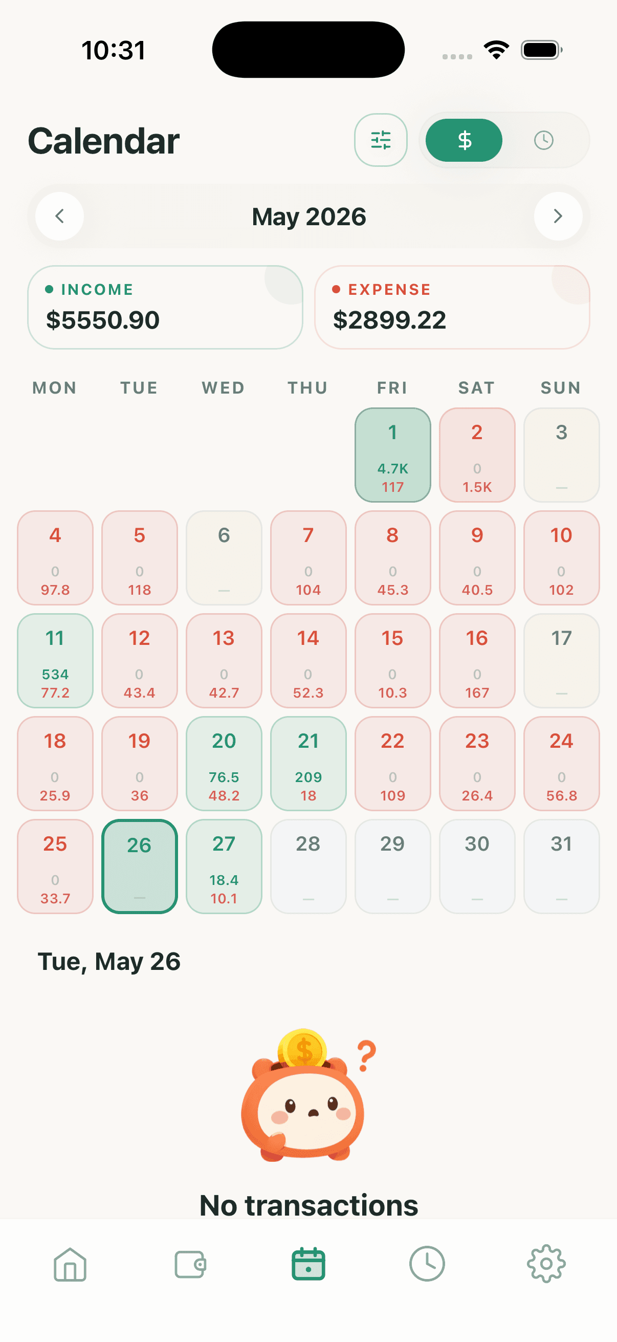 Money2Time-Screenshot mit Ausgabenkalender