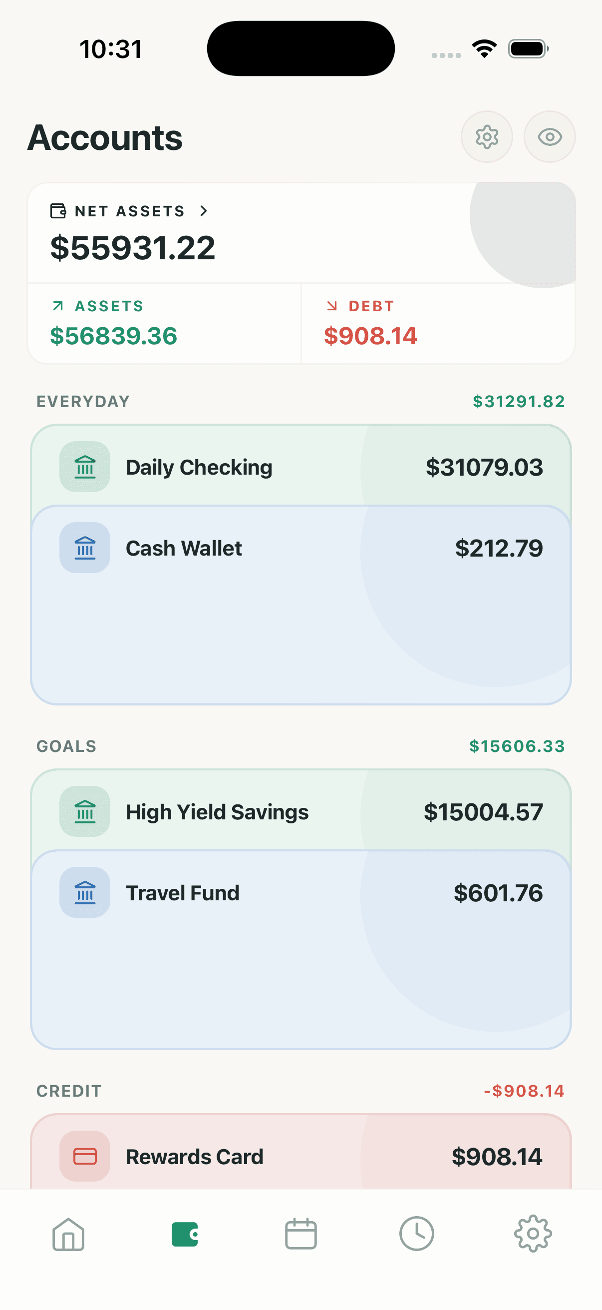 Money2Time-Screenshot mit Nettovermögen und Kontoständen
