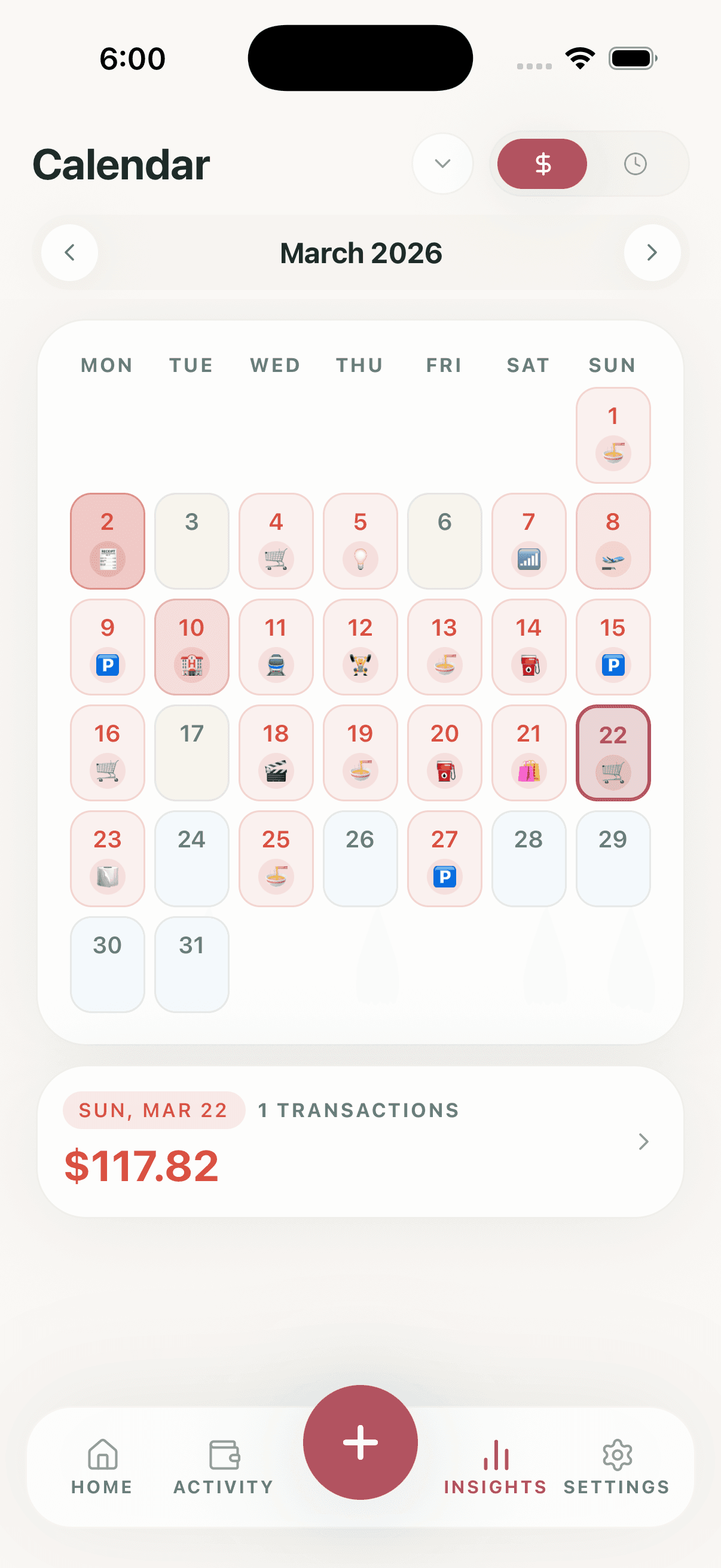 Money2Time screenshot showing the spending calendar