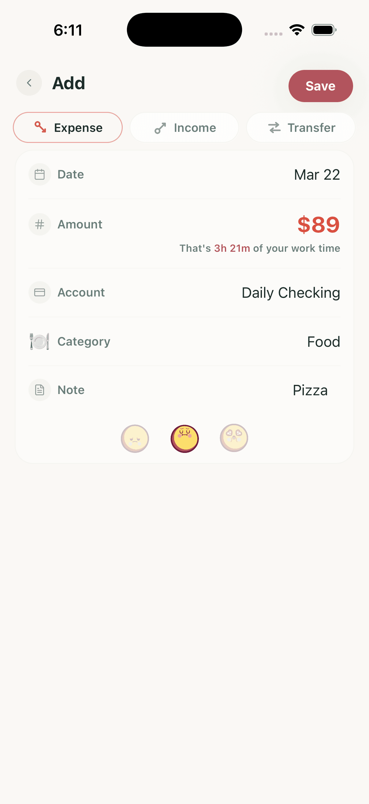 Money2Time screenshot showing the add expense flow
