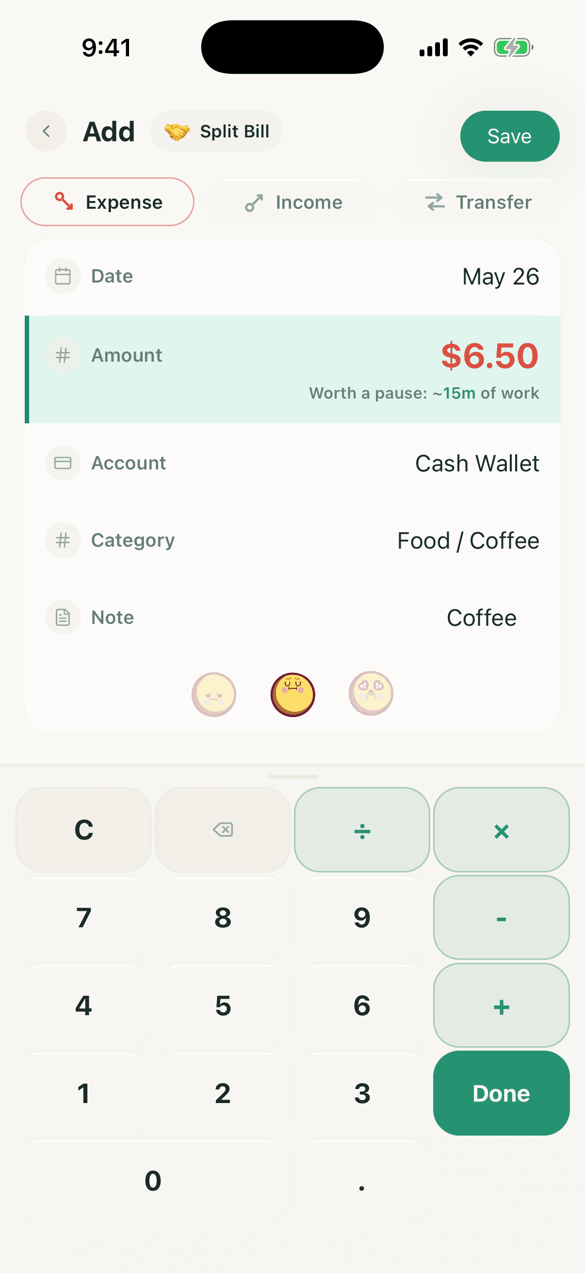 Money2Time-Screenshot mit vollständigem Formular zum Hinzufügen einer Ausgabe, geteilter Rechnung und Ziffernblock