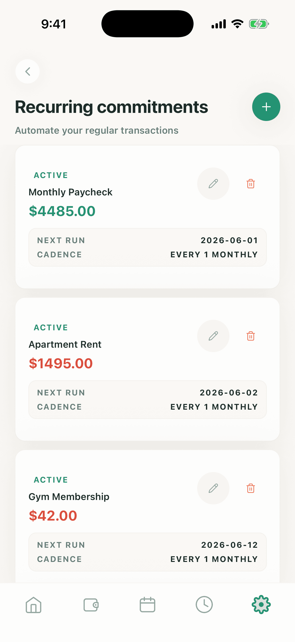 Money2Time-Screenshot mit wiederkehrenden Verpflichtungen und Rhythmus