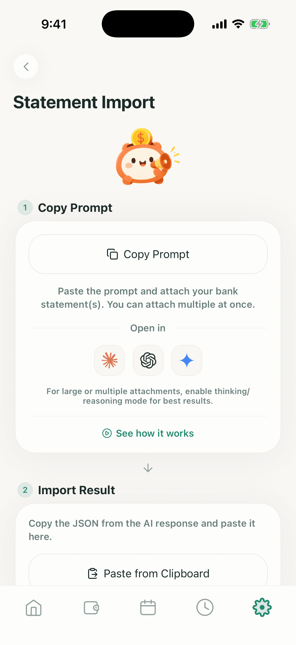Money2Time-Screenshot mit KI-gestütztem Kontoauszugsimport